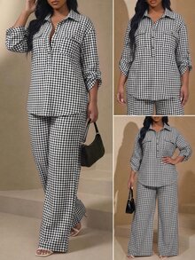 Chikora Plus Size Women's Plaid Top And Pants Casual Daily 2 Pieces Set Fall - Black and White - View 4