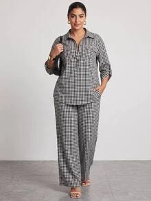 Chikora Plus Size Women's Plaid Top And Pants Casual Daily 2 Pieces Set Fall - Black and White - View 2