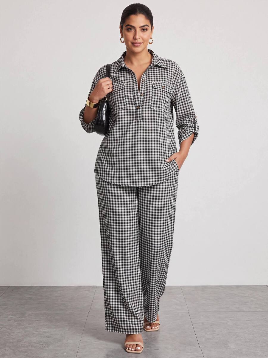 Chikora Plus Size Women's Plaid Top And Pants Casual Daily 2 Pieces Set Fall