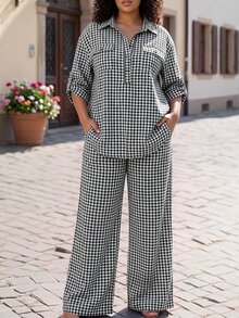 Chikora Plus Size Women's Plaid Top And Pants Casual Daily 2 Pieces Set Fall - Black and White - View 6