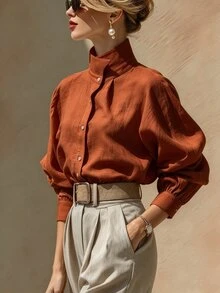 SHEIN 女款素色單排扣休閒百搭日常穿著襯衫 - 橘色 - 查看 6