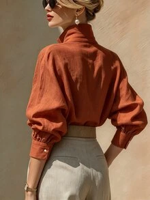 SHEIN 女款素色單排扣休閒百搭日常穿著襯衫 - 橘色 - 查看 2