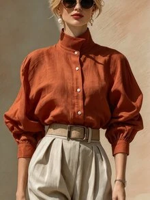 SHEIN 女款素色單排扣休閒百搭日常穿著襯衫 - 橘色 - 查看 5