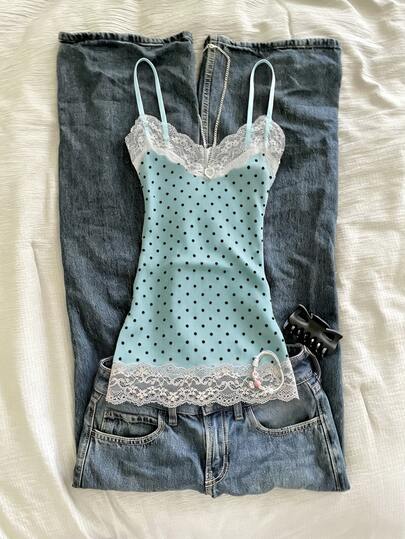 IslaSuriya Women's Lace Patchwork Polka Dot Print Fitted Camisole