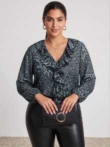 Chikora Plus Size Women's V-Neck Dusty Blue Ruffle Casual Sexy Elegant Versatile Daily Wear Blouse Autumn Brunch Office - Blue - View 1