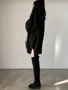 SHEIN Women Casual Solid Color Turtleneck Sweater Dress, Winter Fall Cloth For Women - Black - View 3