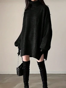 SHEIN Women Casual Solid Color Turtleneck Sweater Dress, Winter Fall Cloth For Women - Black - View 4