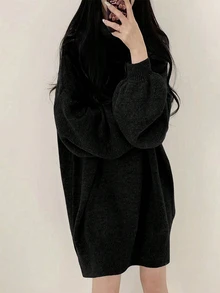 SHEIN Women Casual Solid Color Turtleneck Sweater Dress, Winter Fall Cloth For Women - Black - View 6