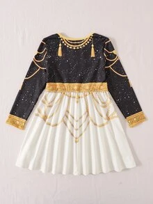 SHEIN 女童金色珍珠愛心印花圓領長袖洋裝 - 白色 - 查看 4