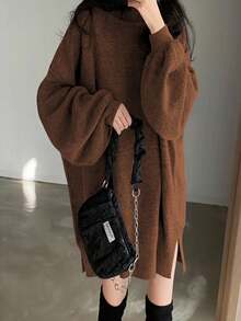 SHEIN 休闲宽松长袖高领女式毛衣连衣裙，美拉德针织风格，适合大学校园秋冬季穿着。 - 棕色 - 查看 7