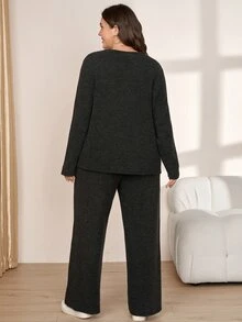 Comfylo Plus Size Long Sleeve Top And Loose Pants 2 Pieces Set Bussines Lounge Office Formal Home Wear Brunch Vacation Dark Green Autumn Casual Smart Baggy - Black - View 8