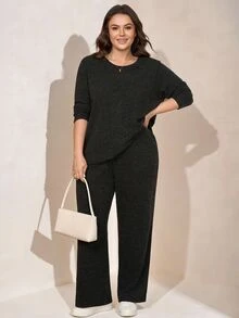Comfylo Plus Size Long Sleeve Top And Loose Pants 2 Pieces Set Bussines Lounge Office Formal Home Wear Brunch Vacation Dark Green Autumn Casual Smart Baggy - Black - View 1