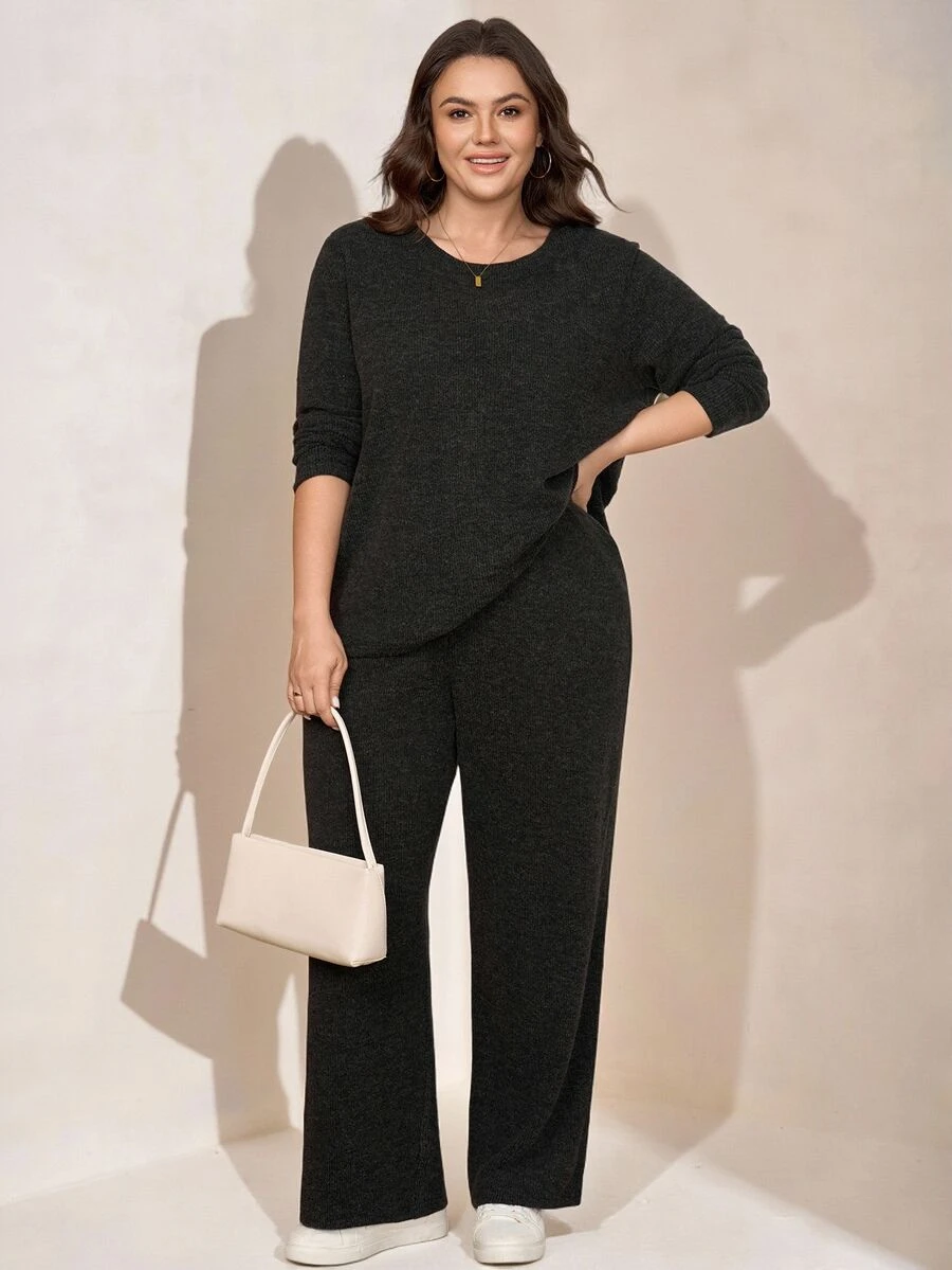 Comfylo Plus Size Long Sleeve Top And Loose Pants 2 Pieces Set Bussines Lounge Office Formal Home Wear Brunch Vacation Dark Green Autumn Casual Smart Baggy - Black - View 1