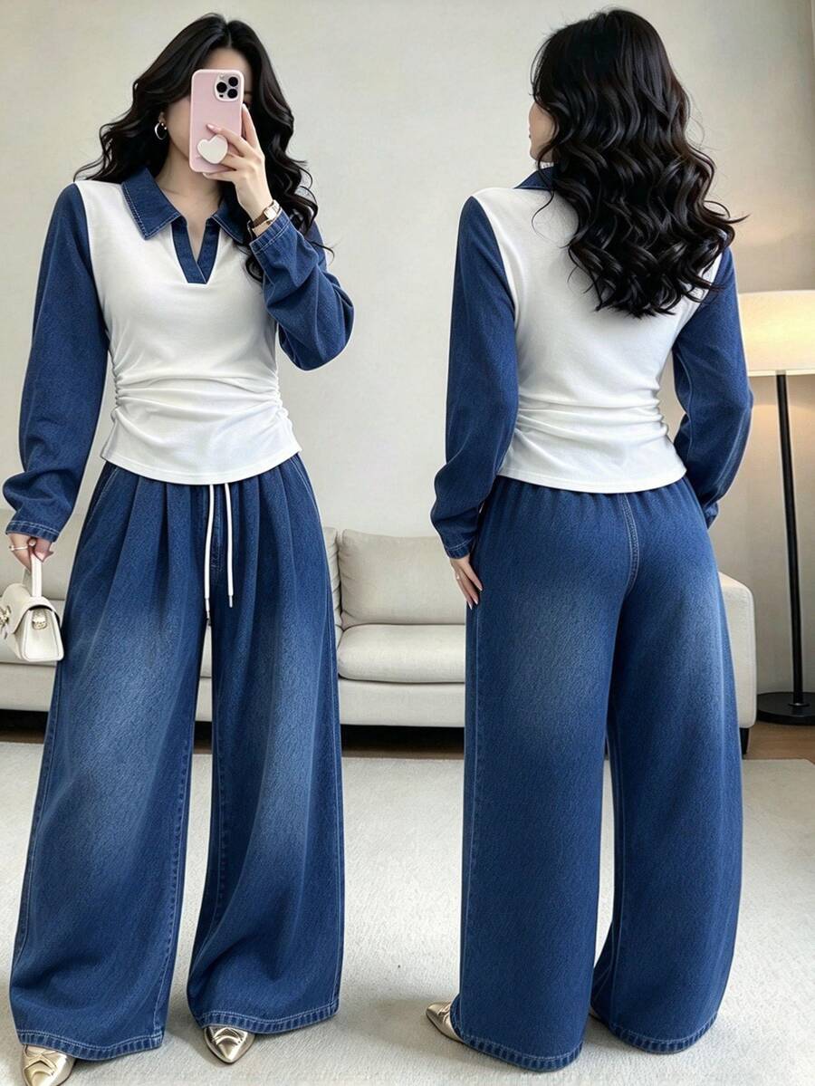 GlowEve CURVE Plus Size Women's Colorblock Long Sleeve Ruched Top And Wide Leg Pants Casual 2 Pieces Set Fall - Blue - View 1