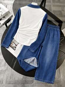 GlowEve CURVE Plus Size Women's Colorblock Long Sleeve Ruched Top And Wide Leg Pants Casual 2 Pieces Set Fall - Blue - View 2