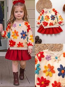 SHEIN Baby Girl's Color-Block Sweatshirt Dress With A Printed Pattern-Suitable For Autumn/Winter, Christmas, And Halloween. - Multicolor - View 4