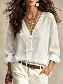 SHEIN Women's Linen V-Neck Long-Sleeve Fringed Qipao-Style Button-Down Shirt, Fall Outfits, Button-Down Shirt, Basic Fashion Top, Social Outfit - White - View 6