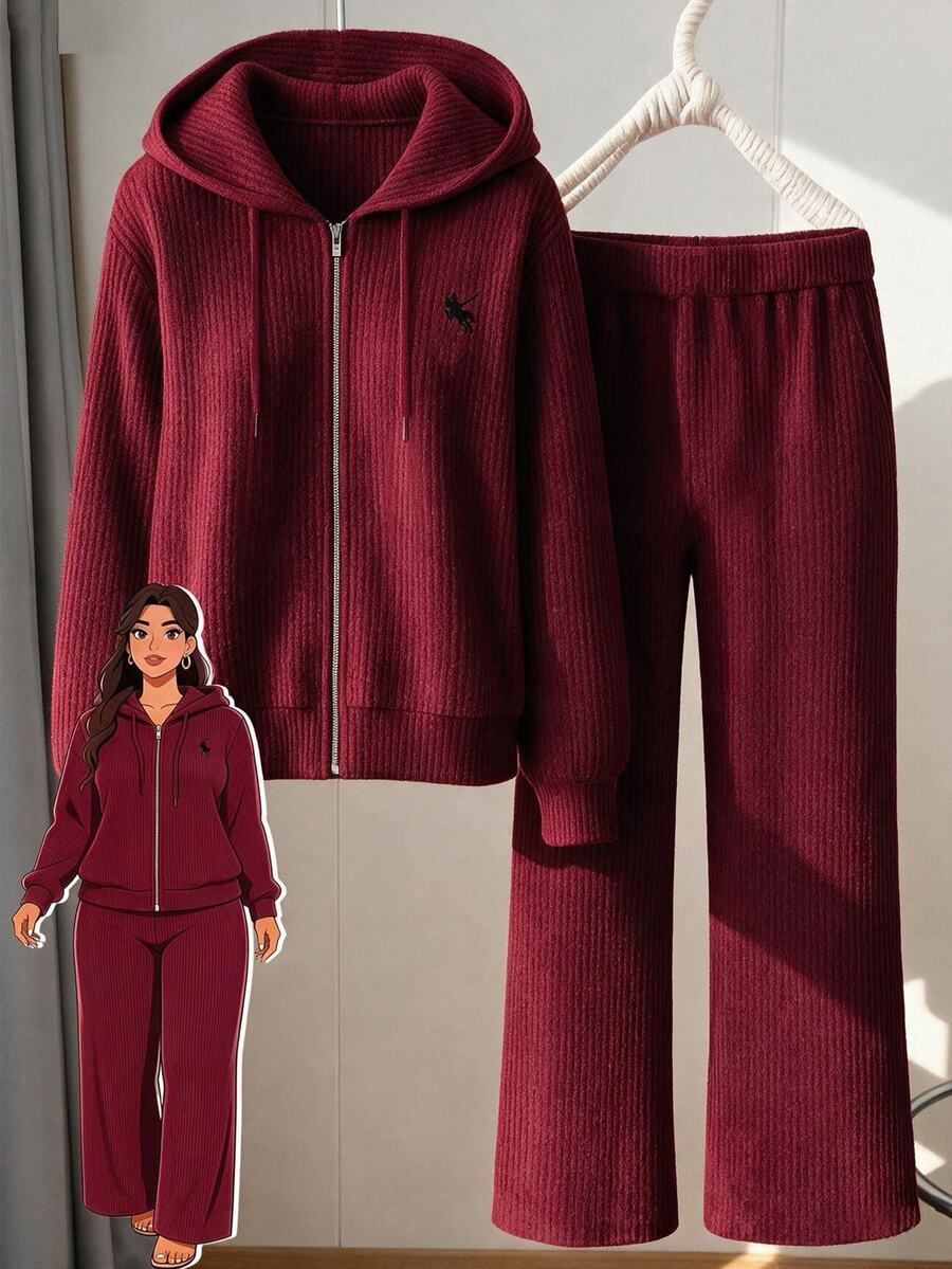 GlowEve CURVE 大尺碼女款休閒居家服黑色秋季Curve兩件套,羅紋抓絨連帽拉鍊開襟外套與寬鬆抽繩腰長褲,優雅風 - 酒紅色 - 查看 1