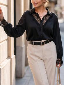 Chikora Plus Size Women's Contrast Lace Long Sleeve Single-Breasted Elegant Blouse Fall - Black - View 5