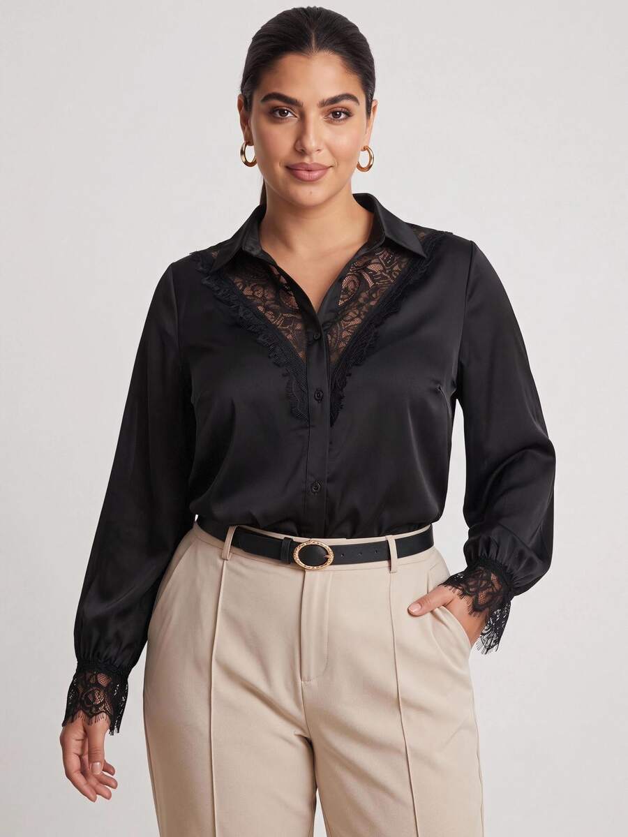 Chikora Plus Size Women's Contrast Lace Long Sleeve Single-Breasted Elegant Blouse Fall - Black - View 1