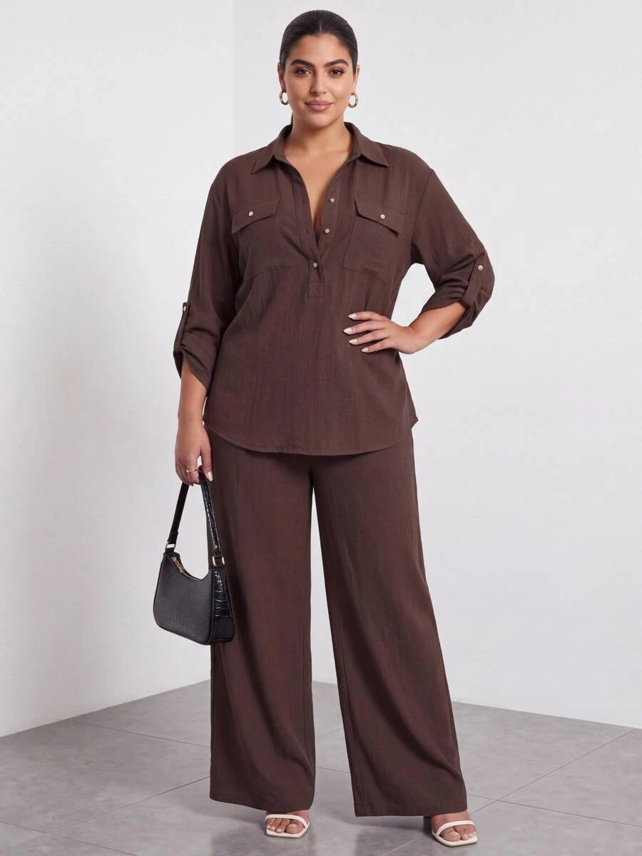 Chikora Plus Size Women Solid Color Rolled Sleeve Shirt Pants Casual Traditional Western Soft Form Feminine Set Vacation Formal Club Brown Autumn