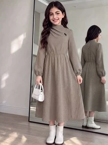 SHEIN 青少年女孩洋裝，初秋休閒優雅波點印花收腰洋裝，棕色波點女孩洋裝，適合日常優雅穿搭、返校、畢業季場合 - 咖啡棕 - 查看 11