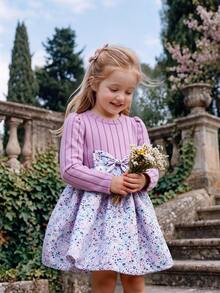 Baby Girls Long Sleeve Floral Dress, Ribbed Knit Mock Neck Bow Front A-Line Skirt, Cute Patchwork Autumn Princess Dress Outfits - Purple - View 7