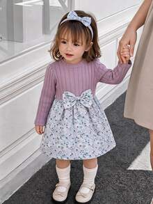 Baby Girls Long Sleeve Floral Dress, Ribbed Knit Mock Neck Bow Front A-Line Skirt, Cute Patchwork Autumn Princess Dress Outfits - Purple - View 3