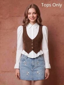 SHEIN MOD 女式纯色V领无袖前扣灯芯绒时尚背心 - 巧克力棕 - 查看 5
