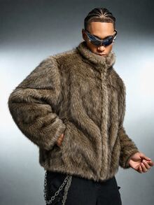 ROMWE MEN Men's Solid Color Fashion Versatile Winter Faux Fur Coat - Grey - View 8