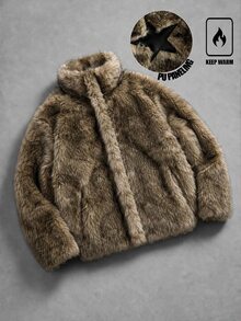 ROMWE MEN Men's Solid Color Fashion Versatile Winter Faux Fur Coat - Grey - View 7