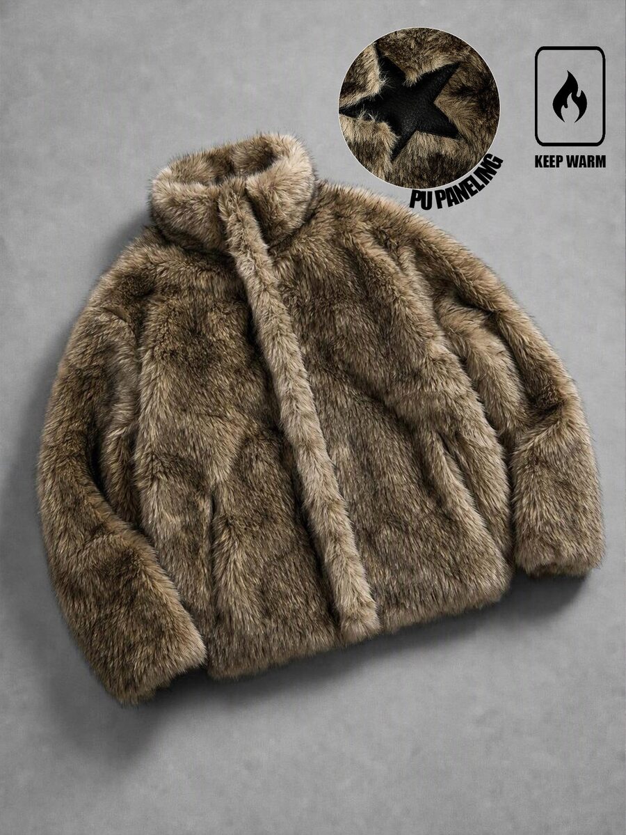 ROMWE MEN Men's Solid Color Fashion Versatile Winter Faux Fur Coat - Grey - View 1