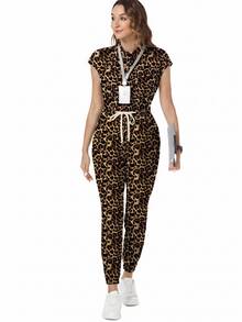 TaskEZ Scrub Uniform Jumpsuit, Women's Nurse Scrub Uniform Vintage Leopard Print Pattern Scrub Suit, Healthcare Worker Scrub Uniform, Matte Print Jumpsuit With Shoulder Sleeves, 4 Pockets And Waist Drawstring - Multicolor - View 4