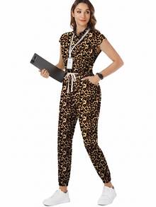 TaskEZ Scrub Uniform Jumpsuit, Women's Nurse Scrub Uniform Vintage Leopard Print Pattern Scrub Suit, Healthcare Worker Scrub Uniform, Matte Print Jumpsuit With Shoulder Sleeves, 4 Pockets And Waist Drawstring - Multicolor - View 6