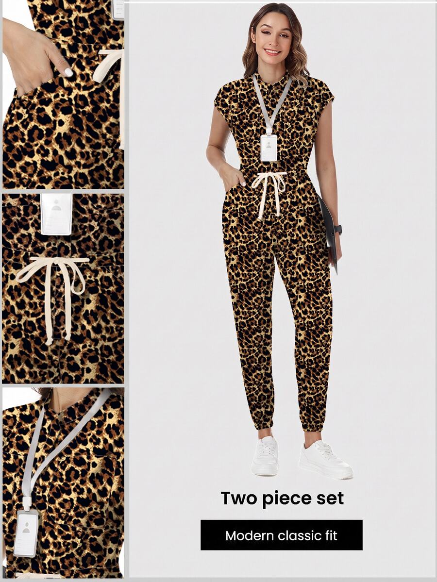 TaskEZ Scrub Uniform Jumpsuit, Women's Nurse Scrub Uniform Vintage Leopard Print Pattern Scrub Suit, Healthcare Worker Scrub Uniform, Matte Print Jumpsuit With Shoulder Sleeves, 4 Pockets And Waist Drawstring - Multicolor - View 1