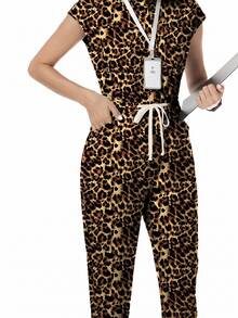 TaskEZ Scrub Uniform Jumpsuit, Women's Nurse Scrub Uniform Vintage Leopard Print Pattern Scrub Suit, Healthcare Worker Scrub Uniform, Matte Print Jumpsuit With Shoulder Sleeves, 4 Pockets And Waist Drawstring - Multicolor - View 7
