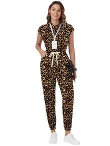 TaskEZ Scrub Uniform Jumpsuit, Women's Nurse Scrub Uniform Vintage Leopard Print Pattern Scrub Suit, Healthcare Worker Scrub Uniform, Matte Print Jumpsuit With Shoulder Sleeves, 4 Pockets And Waist Drawstring - Multicolor - View 2