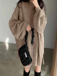 SHEIN 休闲宽松百搭长袖高领女式针织毛衣连衣裙，适合大学秋季和冬季穿着。 - 駝色 - 查看 7