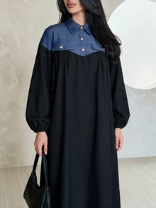 Al Najma 大尺碼女款黑色梭織斜紋長燈籠袖口袋拼接丹寧風金屬鈕扣A字優雅浪漫洋裝 - 彩色 - 查看 3
