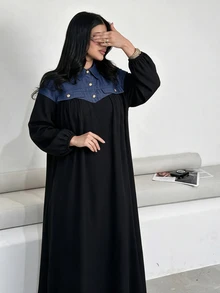 Al Najma 大尺碼女款黑色梭織斜紋長燈籠袖口袋拼接丹寧風金屬鈕扣A字優雅浪漫洋裝 - 彩色 - 查看 5