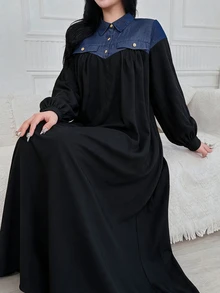 Al Najma 大尺碼女款黑色梭織斜紋長燈籠袖口袋拼接丹寧風金屬鈕扣A字優雅浪漫洋裝 - 彩色 - 查看 4