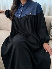 Al Najma 大尺碼女款黑色梭織斜紋長燈籠袖口袋拼接丹寧風金屬鈕扣A字優雅浪漫洋裝 - 彩色 - 查看 7