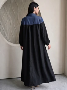 Al Najma 大尺碼女款黑色梭織斜紋長燈籠袖口袋拼接丹寧風金屬鈕扣A字優雅浪漫洋裝 - 彩色 - 查看 2