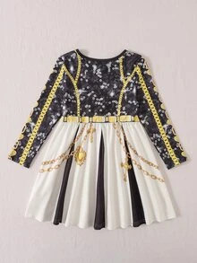 SHEIN 1件女孩金色鏈條印花長袖洋裝 - 黑色 - 查看 2