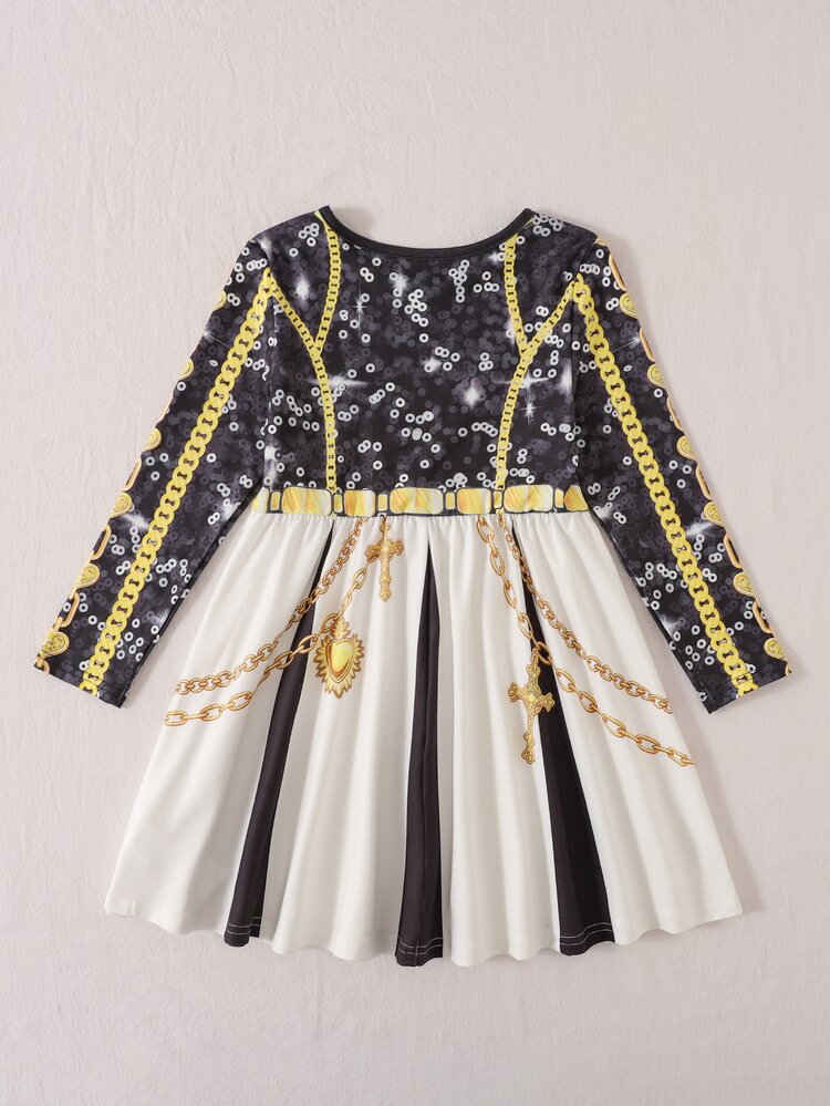 SHEIN 1 Gold Chain Print Long Sleeve Dress For Girls - Black - View 2