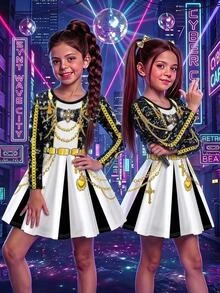 SHEIN 1件女孩金色鏈條印花長袖洋裝 - 黑色 - 查看 1