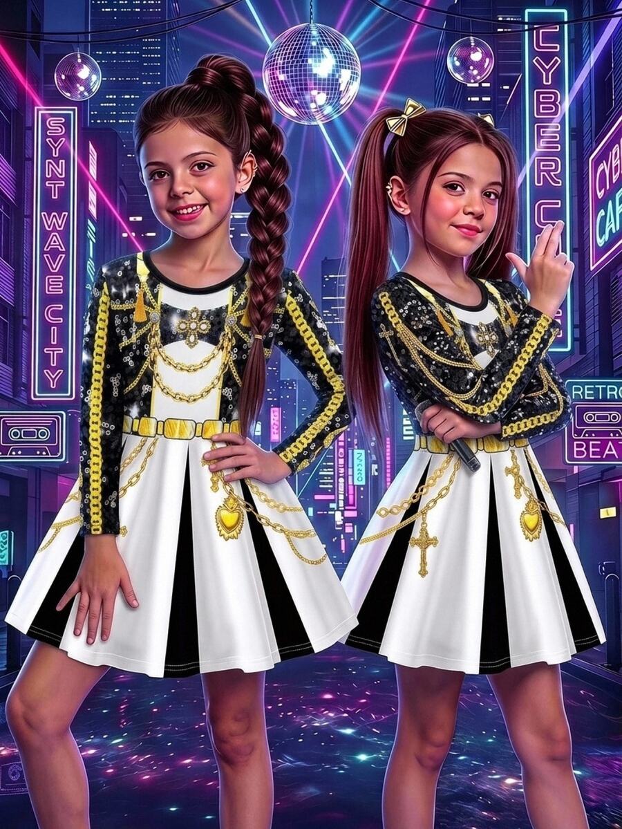 SHEIN 1件女孩金色鏈條印花長袖洋裝 - 黑色 - 查看 1