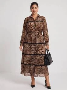 Chikora Plus Size Women's Elegant 1920 Vintage 1960s Leopard Print Long Sleeve Dress With Beige Ribbon Patchwork, Autumn/Winter Fall Brunch Dinner - Multicolor - View 2