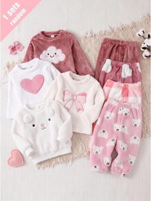 SHEIN Baby Girl Knitted Solid Color Faux Fur Crew Neck Top And Long Pants Loungewear 2 Pieces Set, Suitable For Autumn/Winter - Multicolor - View 6