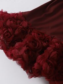 SHEIN 女童酒紅色單肩荷葉邊碎花洋裝，收腰百褶中長公主風派對洋裝 - 酒紅色 - 查看 3